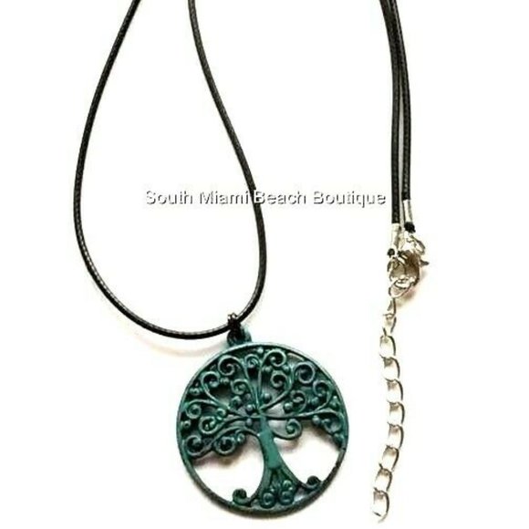 Tree of Life Necklace Celtic Green Patina Brass Pendant Black Cord Chain - Picture 3 of 7